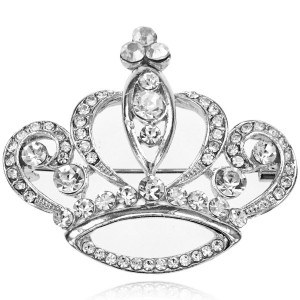 1B0096-5 Брошь Корона со стразами, 35х40мм, цвет серебряный