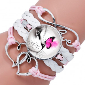BSA012-10 Кожаный браслет Кошка и бабочка