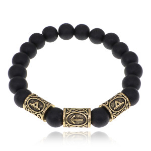 BSR2-036 Браслет с рунами под золото Защитный барьер, с синт. камнем Шунгит 10мм