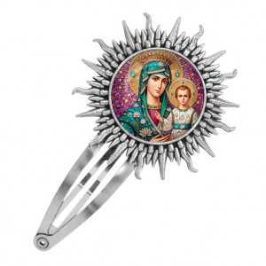 C1102045 Заколка металлическая, цвет серебро, Богородица с Иисусом