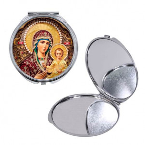 C1105016 Круглое складное зеркало, цвет серебро, Богородица с Иисусом
