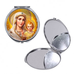 C1120016 Круглое складное зеркало, цвет серебро, Богородица с Иисусом