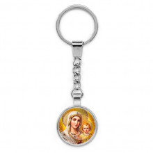 C1120022 Круглый брелок, цвет серебро, с цепочкой, Богородица с Иисусом