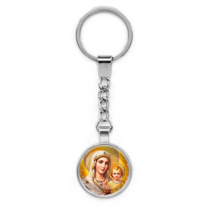 C1120022 Круглый брелок, цвет серебро, с цепочкой, Богородица с Иисусом