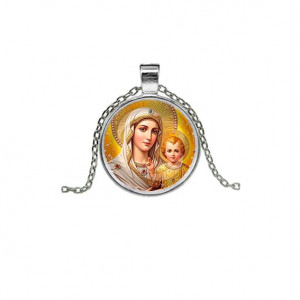 C1120026 Кулон, цвет серебро, с цепочкой, Богородица с Иисусом
