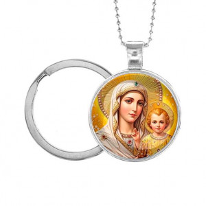 C1120054 Кулон-брелок, цвет серебро, с цепочкой и кольцом, Богородица с Иисусом