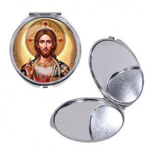 C1129016 Круглое складное зеркало, цвет серебро, Иисус Христос