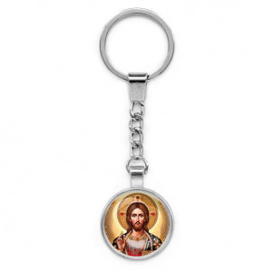C1129022 Круглый брелок, цвет серебро, с цепочкой, Иисус Христос