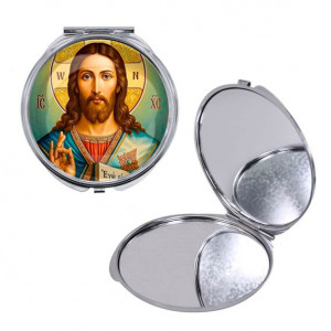 C1130016 Круглое складное зеркало, цвет серебро, Иисус Христос