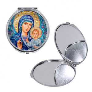 C1133016 Круглое складное зеркало, цвет серебро, Матерь Божия