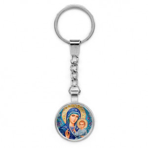 C1133022 Круглый брелок, цвет серебро, с цепочкой, Матерь Божия