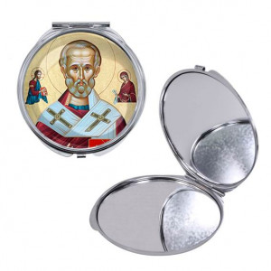 C1139016 Круглое складное зеркало, цвет серебро, Николай Чудотворец