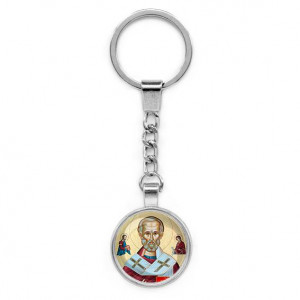 C1139022 Круглый брелок, цвет серебро, с цепочкой, Николай Чудотворец