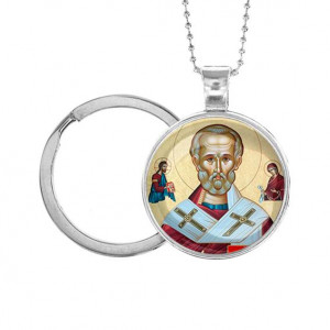 C1139054 Кулон-брелок, цвет серебро, с цепочкой и кольцом, Николай Чудотворец