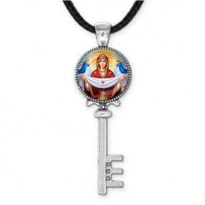 C1146043 Кулон ключ, цвет серебро, со шнурком, Покров Божией Матери