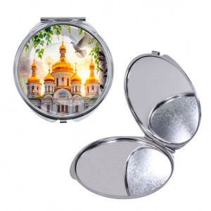 C1160016 Круглое складное зеркало, цвет серебро, Храм и березы