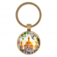 C1160017 Круглый брелок, цвет бронза, Храм и березы