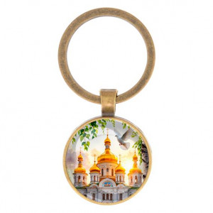 C1160017 Круглый брелок, цвет бронза, Храм и березы