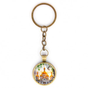 C1160018 Круглый брелок, цвет бронза, с цепочкой, Храм и березы