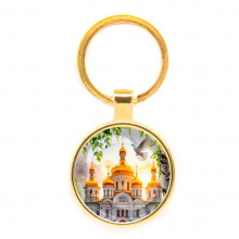 C1160019 Круглый брелок, цвет золото, Храм и березы