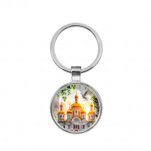 C1160021 Круглый брелок, цвет серебро, Храм и березы