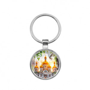 C1160021 Круглый брелок, цвет серебро, Храм и березы