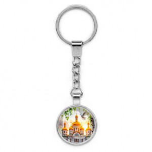 C1160022 Круглый брелок, цвет серебро, с цепочкой, Храм и березы