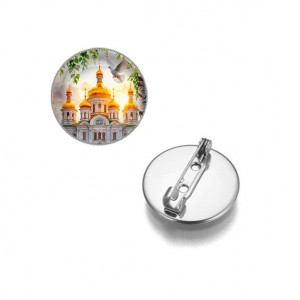 C1160023 Круглый значок, цвет серебро, Храм и березы
