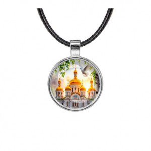 C1160027 Кулон, цвет серебро, со шнурком, Храм и березы