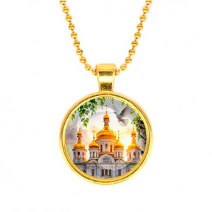 C1160032 Кулон, цвет золото, с цепочкой, Храм и березы