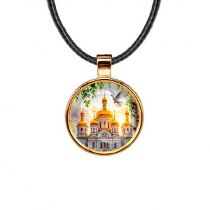 C1160033 Кулон, цвет золото, со шнурком, Храм и березы