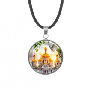 C1160062 Кулон, нержавеющая сталь, со шнурком, Храм и березы