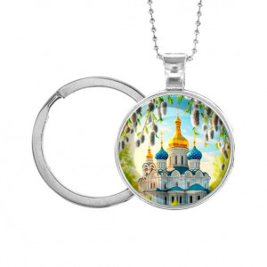 C1161054 Кулон-брелок, цвет серебро, с цепочкой и кольцом, Храм и вербы