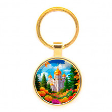 C1162019 Круглый брелок, цвет золото, Храм и цветы