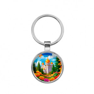 C1162021 Круглый брелок, цвет серебро, Храм и цветы