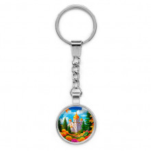 C1162022 Круглый брелок, цвет серебро, с цепочкой, Храм и цветы