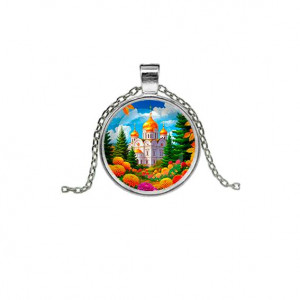 C1162026 Кулон, цвет серебро, с цепочкой, Храм и цветы