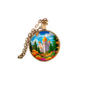C1162028 Кулон, цвет бронза, с цепочкой, Храм и цветы