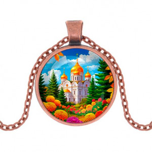 C1162030 Кулон, цвет медь, с цепочкой, Храм и цветы