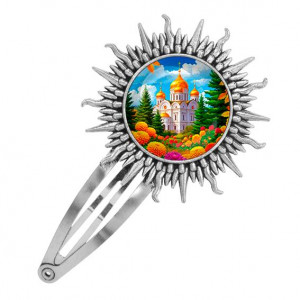 C1162045 Заколка металлическая, цвет серебро, Храм и цветы