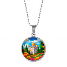 C1162053 Кулон, цвет серебро, с цепочкой, Храм и цветы
