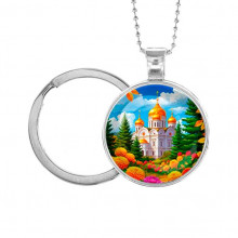 C1162054 Кулон-брелок, цвет серебро, с цепочкой и кольцом, Храм и цветы