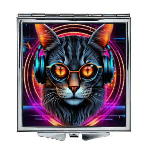 ZER2-0830 Складное зеркало квадратное Кот в очках и наушниках неон